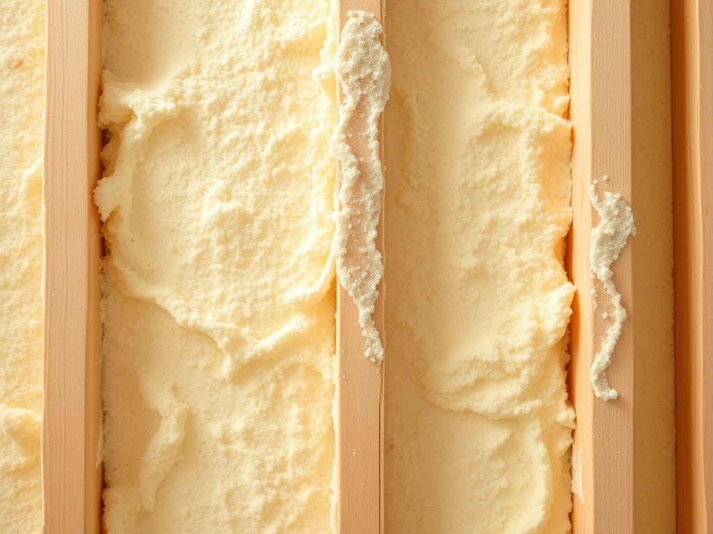 Macro detail of open-cell spray foam insulation filling a wall stud cavity